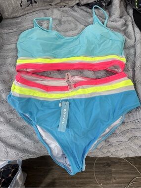 POP VIV Two-Piece Light Blue Bikini with Neon Pink & Neon Yellow Stripes